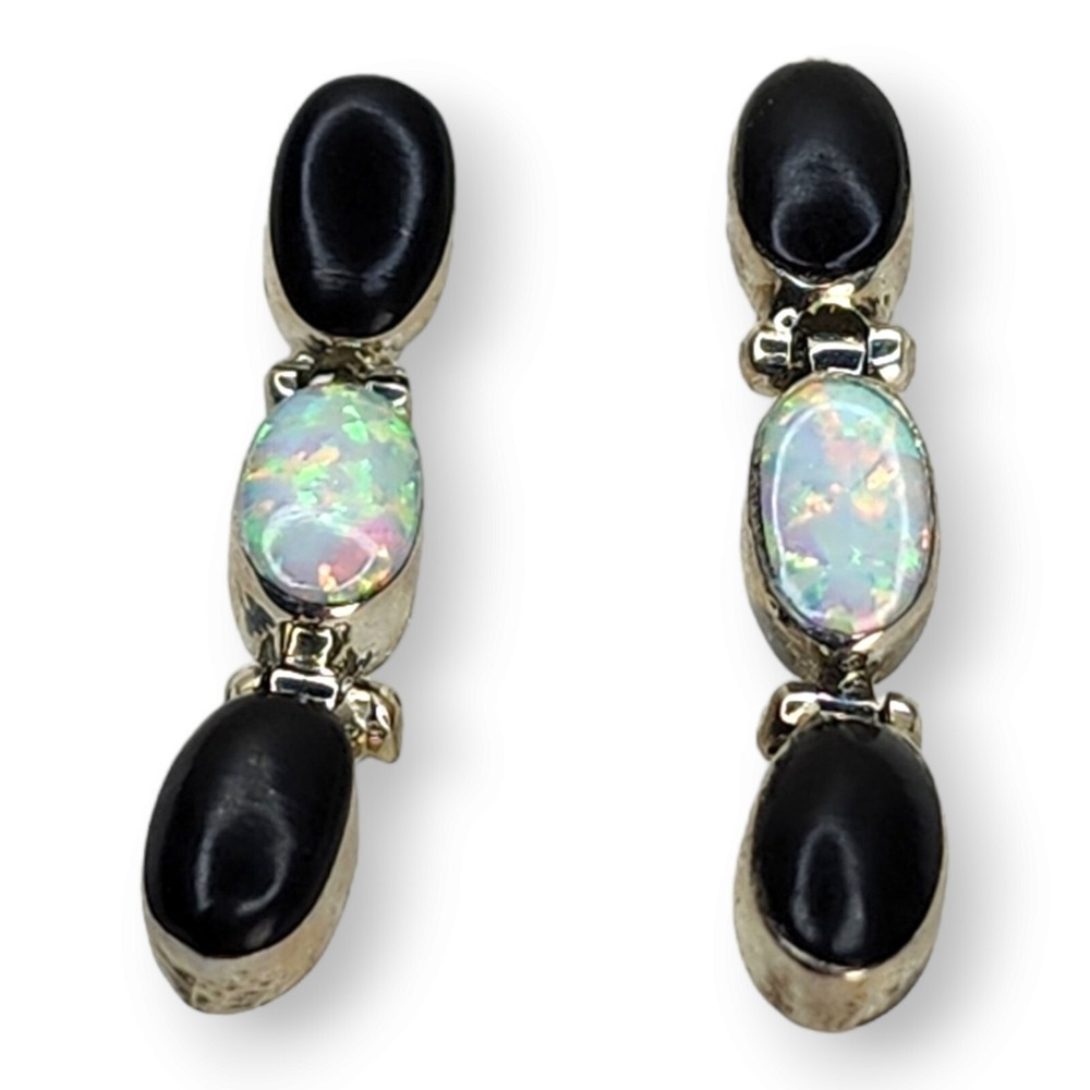 Southwestern Sterling Silver 925 Black Onyx and Faux Opal Dangle Post Earrings
